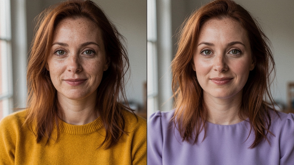 Split comparison: same woman in unflattering mustard yellow vs flattering lavender