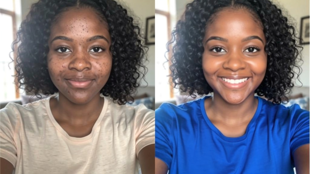 Split comparison: same woman in unflattering beige vs flattering cobalt blue