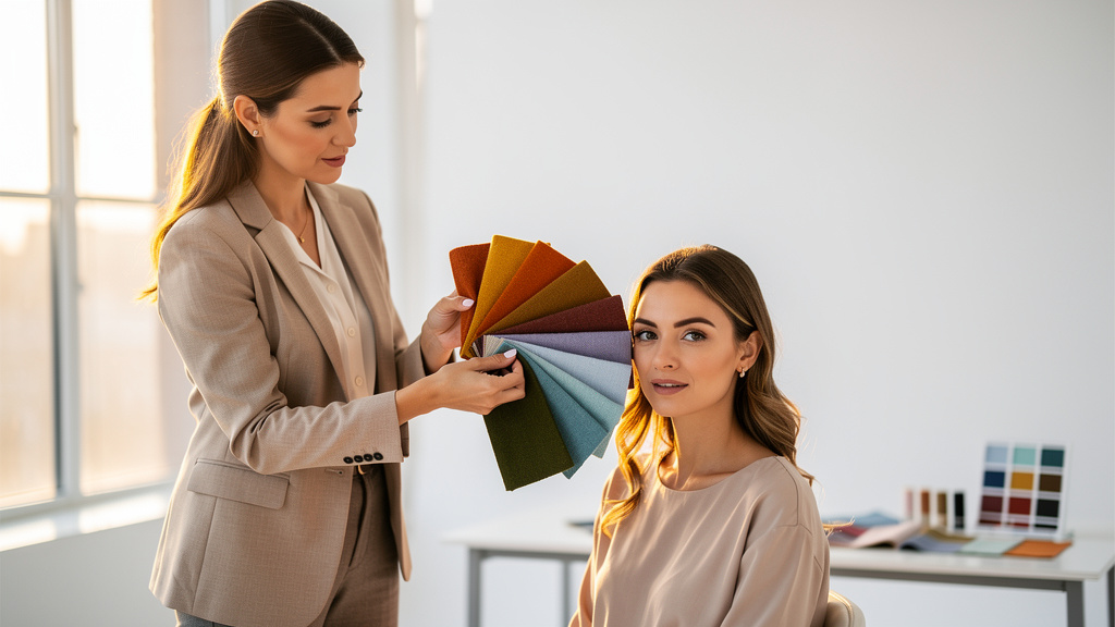 Professional color analyst draping fabric swatches for a client