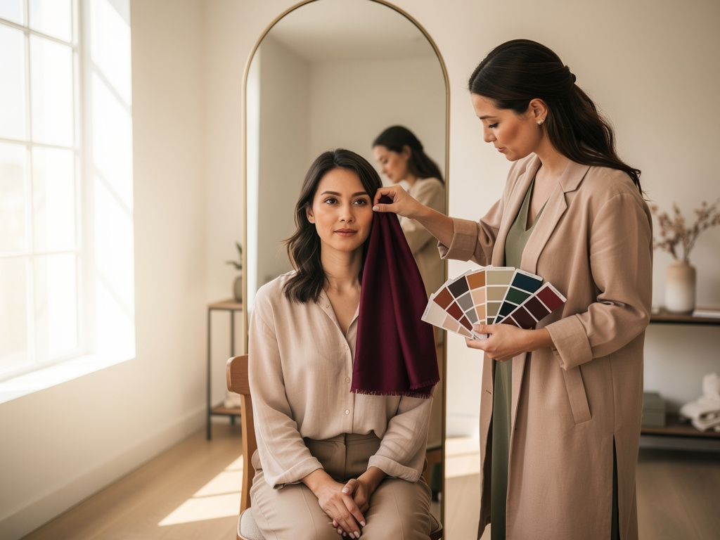 Color analyst draping seasonal fabric for a client